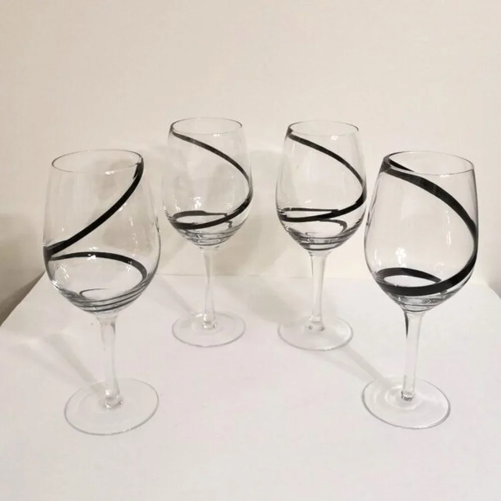 Pier 1 Black‎ Swirline Clear Glass Goblets Wine Discontinued Hand Blown Set of 4